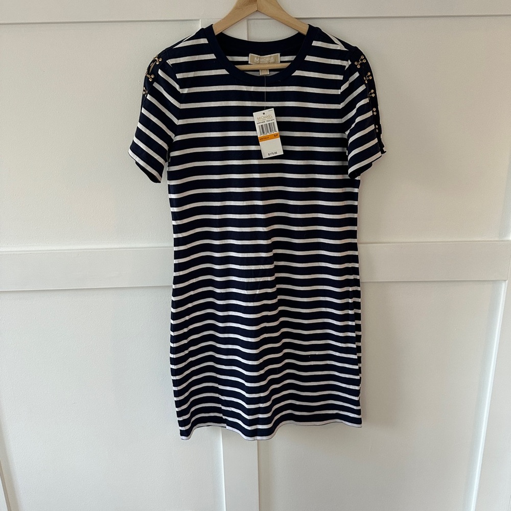 Michael Kors Navy and White Striped Short Sleeve Dress
